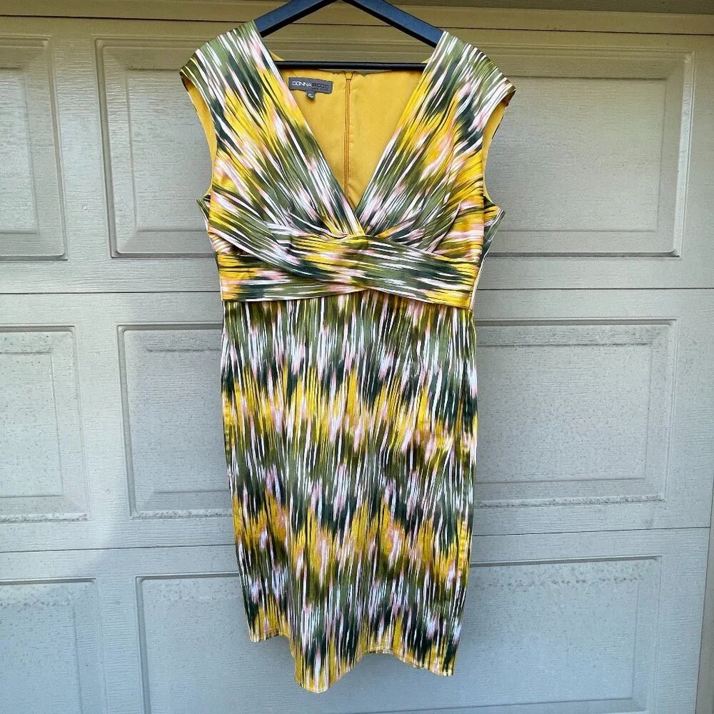 Ikat Print Donna Ricco Cotton Blend Yellow Green Sheath Dress 14